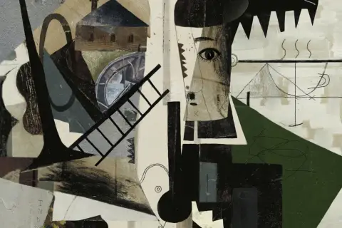 Ein avantgardistisches Porträt mit Fragmenten von Musikinstrumenten, einer Leiter und architektonischen Elementen.