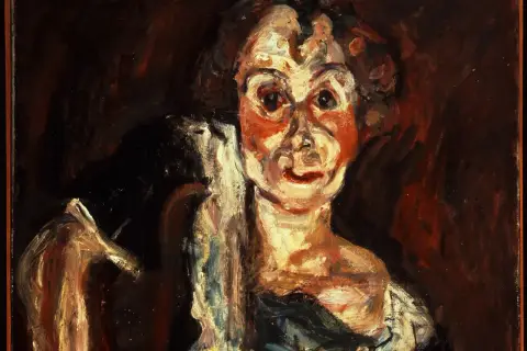 Ein Porträt mit expressivem Duktus Kunst, das eine Frau mit leuchtend roten Wangen und weit aufgerissenen Augen zeigt.