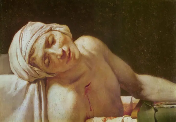 Der Tod des Marat: Ein Mann mit Kopftuch liegt leblos in einer Wanne, eine Wunde auf der Brust.