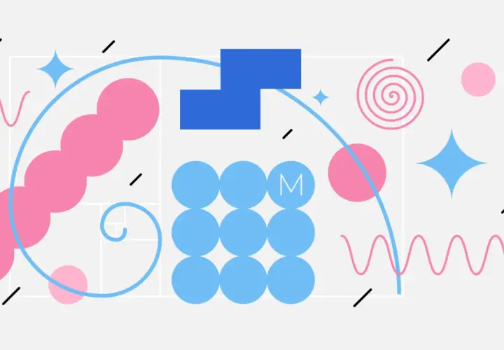 Abstrakte grafische Muster mit Kreisen, Spiralen und Sternen in Rosa und Blau.