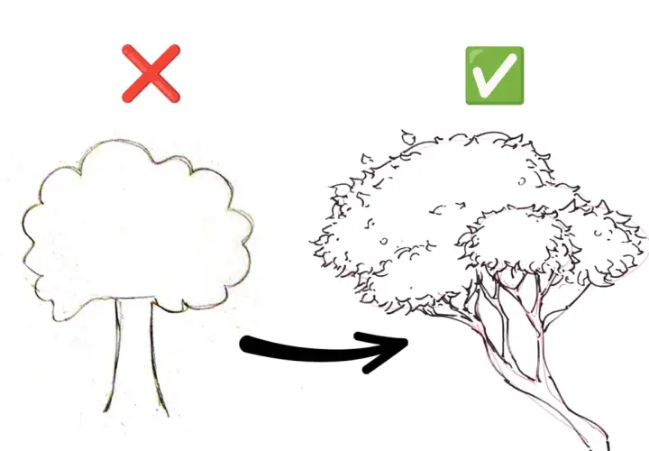 Vergleich zweier Baumzeichnungen: eine einfache und eine detaillierte, realistische Darstellung.