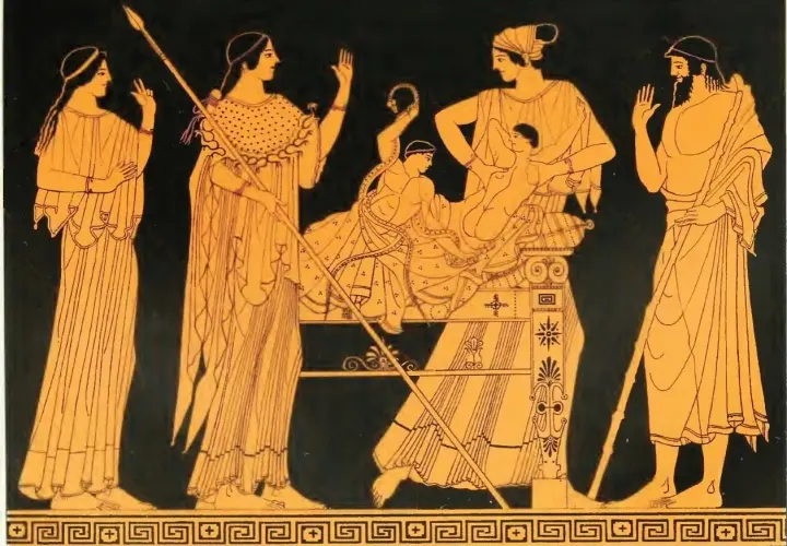 Szene aus der hellenistischen Kunst: Frauen und ein Mann um ein Kind auf einer Liege.