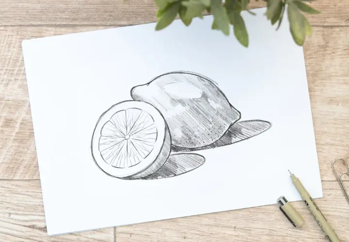 Bleistiftzeichnung von einer ganzen und einer halben Zitrone auf weißem Papier.