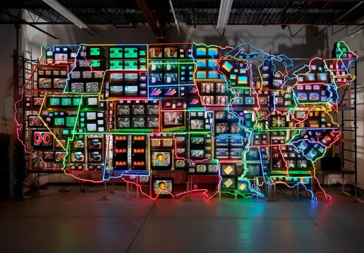 Eine Landkarte der USA aus vielen kleinen Bildschirmen, umrandet von bunten Neonlichtern. Ein Kunstwerk, das den **fluxus** der Informationen und Bilder widerspiegelt.