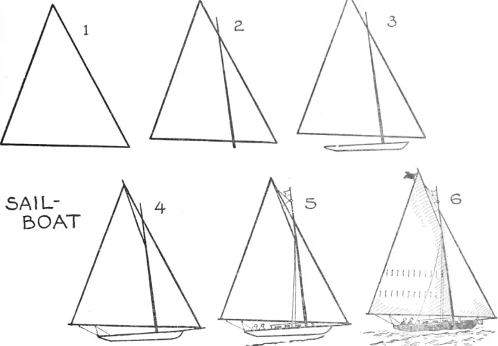 Schritt-für-Schritt-Anleitung zum Zeichnen eines Segelboots, von einfachen Dreiecken bis zu einem vollständigen Schiff.