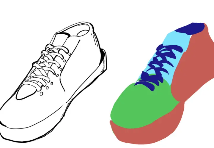 Skizze eines Sneakers neben einem farbigen, stilisierten Sneaker.