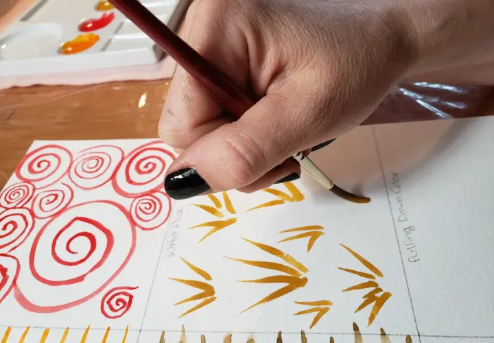 Hand malt mit Pinsel und Aquarellfarben, zeigt verschiedene Duktus-Beispiele wie Spiralen und Striche.