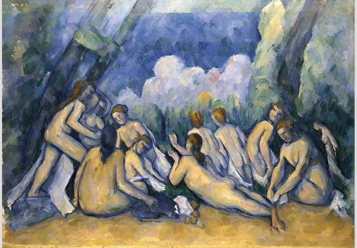 Die badenden Frauen entspannen sich in einer Waldlichtung. Ihre Körper sind in warmen Gelb- und kühlen Blautönen gemalt, umgeben von üppigem Grün.
