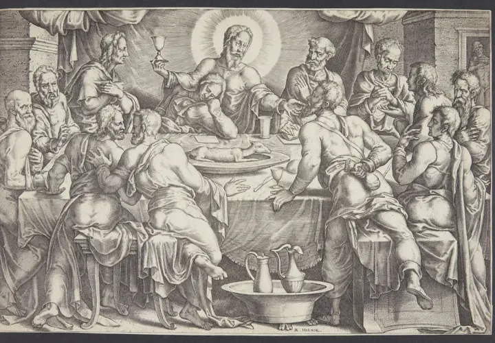 Das letzte Abendmahl: Jesus mit Jüngern am Tisch. Judas, erkennbar an der Geldtasche, ist im Schatten.