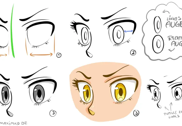 Anleitung zum Zeichnen von Anime-Augen: Verschiedene Beispiele und Schritte.