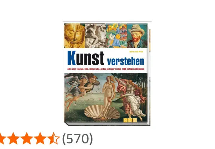Buchcover "Kunst verstehen" mit einer Collage aus verschiedenen Kunstwerken, von antiken Skulpturen bis zu Van Gogh. Ein **abstraktes** Element bildet die obere Reihe.