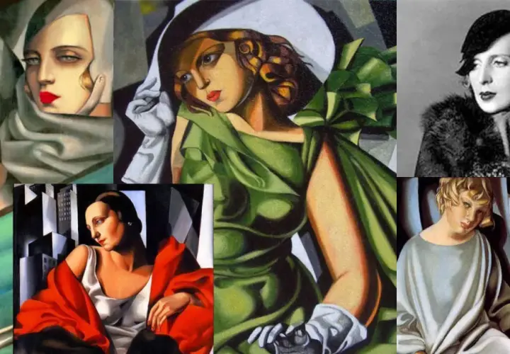 Collage mit Gemälden von Tamara de Lempicka, einer berühmten Künstlerin, die Frauen in eleganten, geometrischen Stilen porträtierte.