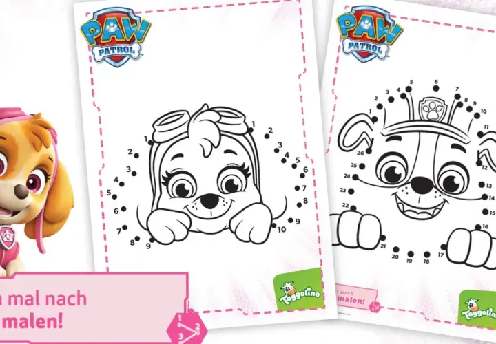 Paw Patrol Malen nach Zahlen Vorlagen für Kinder mit Skye und anderen Charakteren.