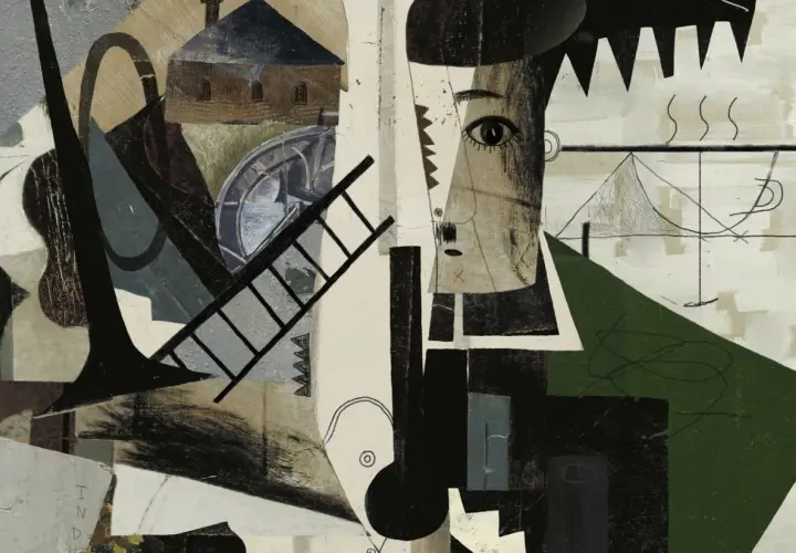 Ein avantgardistisches Porträt mit Fragmenten von Musikinstrumenten, einer Leiter und architektonischen Elementen.