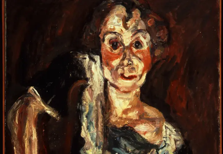 Ein Porträt mit expressivem Duktus Kunst, das eine Frau mit leuchtend roten Wangen und weit aufgerissenen Augen zeigt.