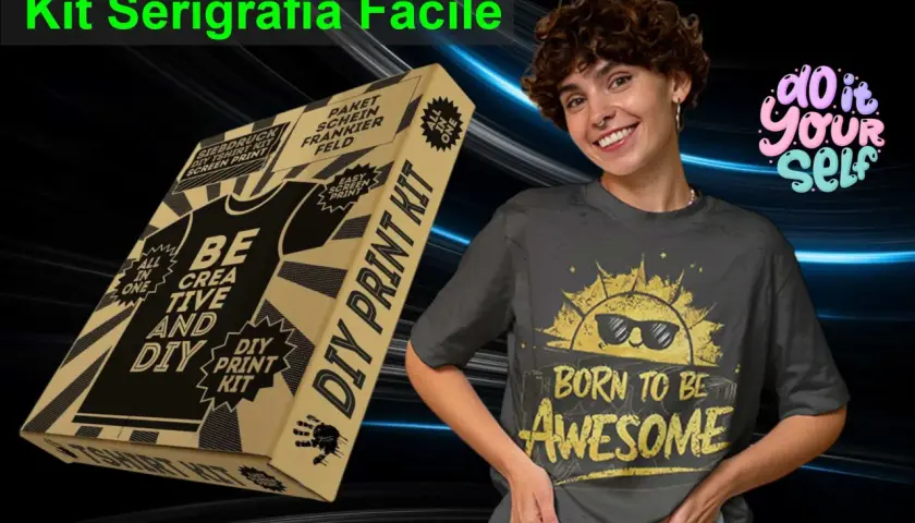 Ein Siebdruck-DIY-T-Shirt-Kit und eine lächelnde Frau in einem T-Shirt mit der Aufschrift "Born to be Awesome".
