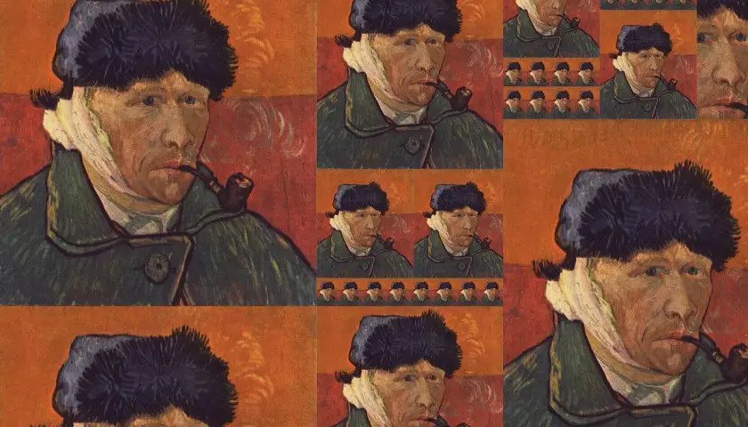 Collage aus Selbstporträts von Vincent van Gogh mit verbundenem Ohr und Pfeife.