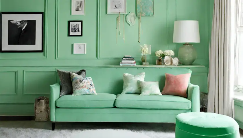 Ein Wohnzimmer in Mintgrün, das zeigt, wie man Mintgrün mischt. Ein grünes Sofa mit Kissen, ein runder Hocker und Kunst an der Wand.