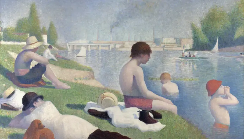 Badende Menschen am Flussufer, im Stil des Pointillismus gemalt.