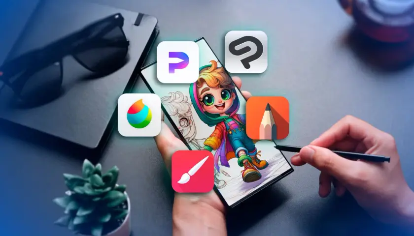 Digitale Kunst auf Android: Ein Smartphone zeigt Apps wie Procreate, Clip Studio Paint und mehr, bereit für kreative Ideen.