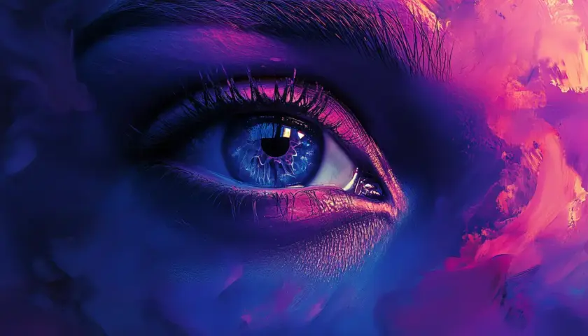 Ein blaues Auge, umgeben von lila und pinker Farbe, wie ein Kunstwerk aus dem Canva Magic Studio.