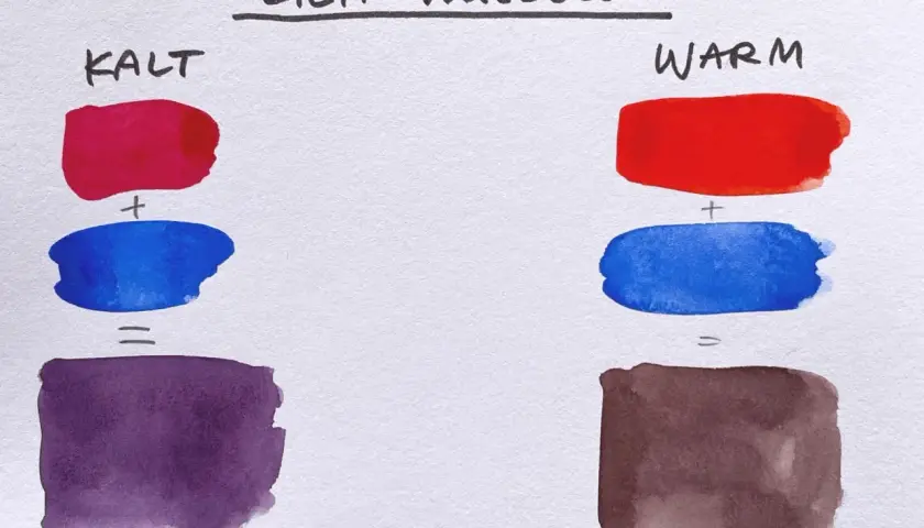 So mischen sich rot und lila zu verschiedenen Violetttönen. Links ein kühler Ton, rechts ein wärmerer Braunton.