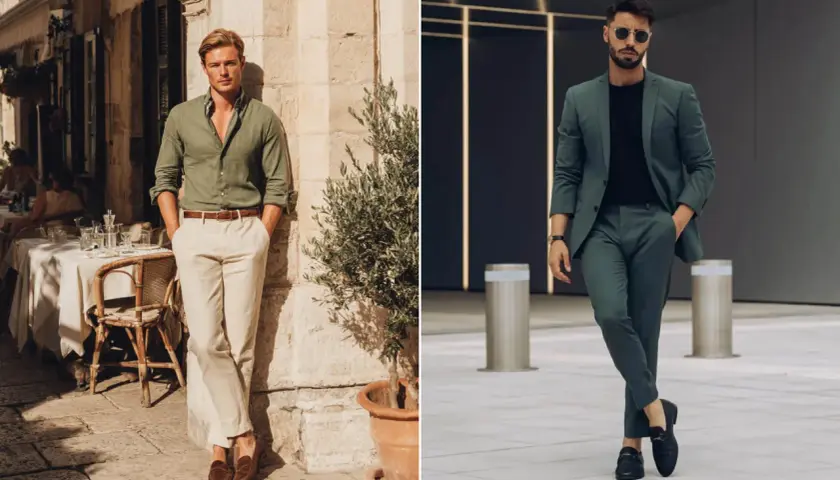 Zwei Männer zeigen, welche Farben passen zu olivgrün: lässig mit Beige und elegant im Anzug.
