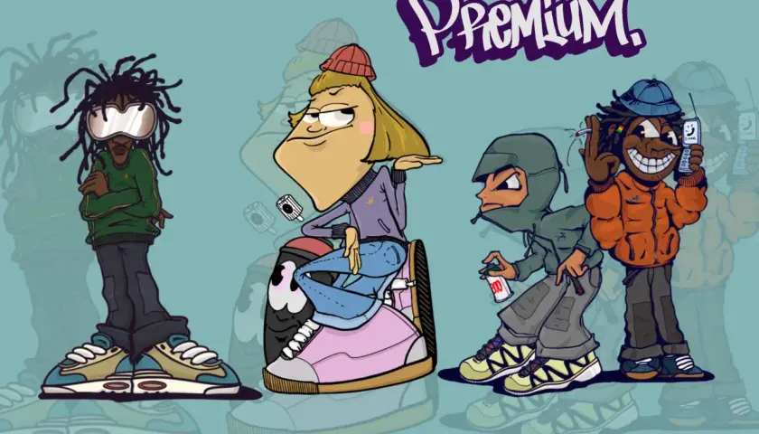 Vier stilisierte Cartoon-Figuren in urbaner Kleidung, darunter eine mit Dreadlocks und Schutzbrille, eine sitzend auf einer Sprühdose, und zwei weitere mit Kapuzenpullover und Handy.