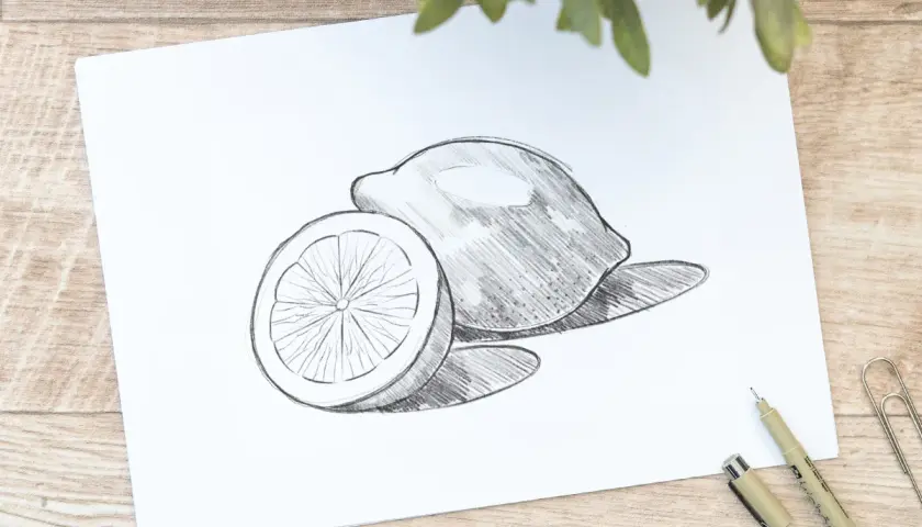 Bleistiftzeichnung von einer ganzen und einer halben Zitrone auf weißem Papier.
