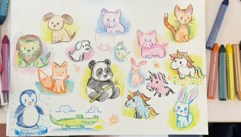 Buntstiftzeichnungen von niedlichen Tieren wie Panda, Fuchs, Einhorn, Hund, Katze, Schwein, Pinguin, Löwe, Hase, Krokodil und Vogel.