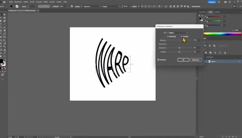 Buchstaben ineinander verschlungen in Illustrator, der Text "WARP" wird vertikal verkrümmt.