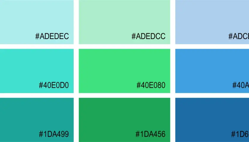 Farbpalette mit verschiedenen Türkistönen und Blau. Diese Farben können eine beruhigende Wirkung auf die Psyche haben.