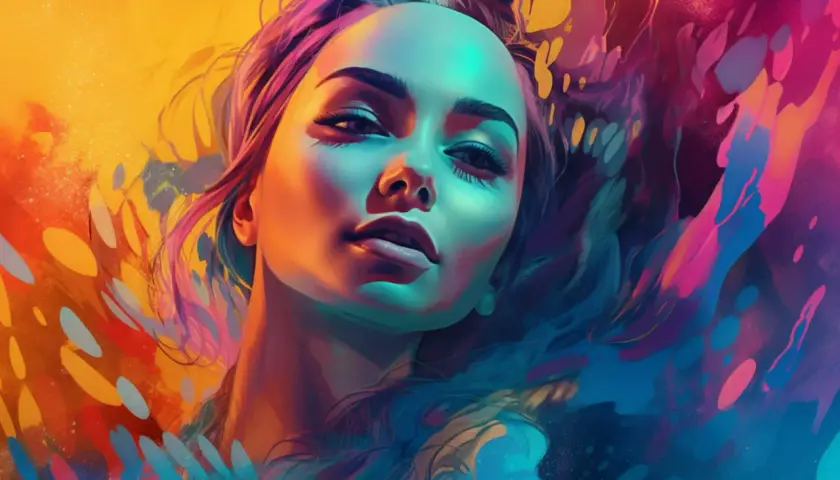 Ein Porträt einer Frau in leuchtenden Farben, das wie eine lebendige Animation wirkt. Ihr Gesicht ist von blauem und orangefarbenem Licht beleuchtet, umgeben von einem Wirbel aus Pink und Gelb.
