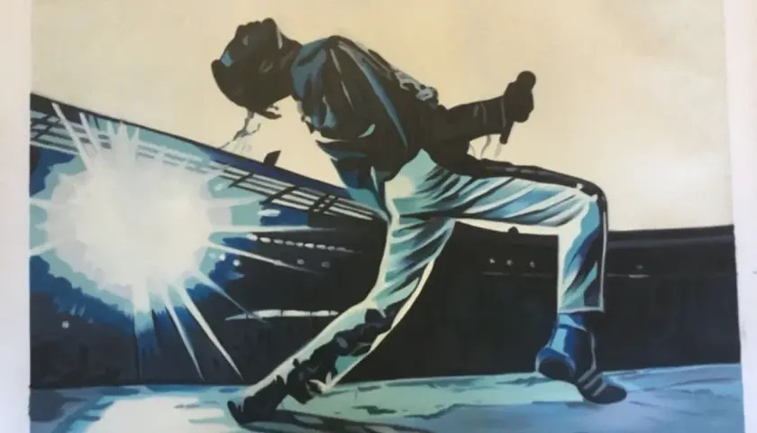 Gemälde von Freddie Mercury in dynamischer Pose mit Mikrofon, vor blauem Lichtschein.