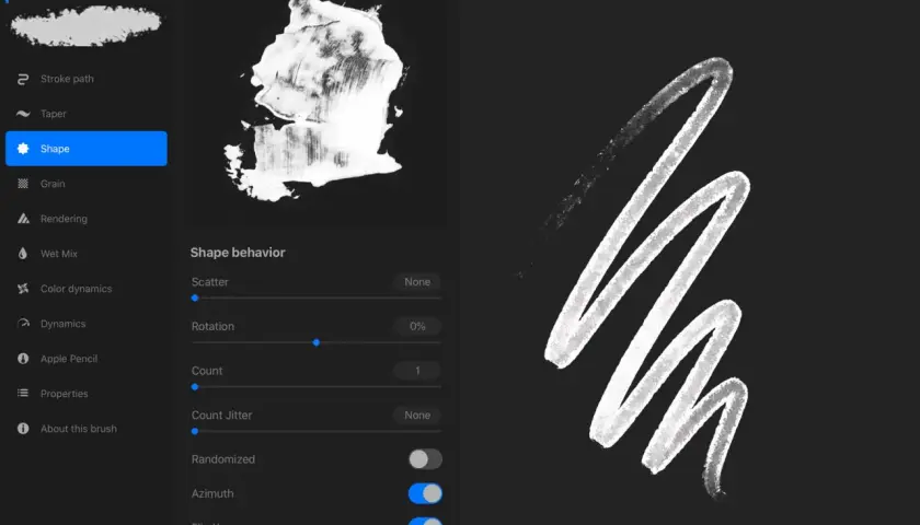 Procreate Pinsel-Einstellungen: Formquelle, Verhalten und Beispielstrich. Die Kosten für Procreate sind gering für diese kreativen Möglichkeiten.