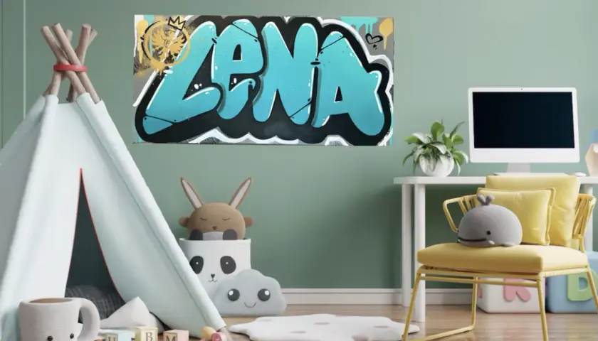Graffiti-Kunstwerk mit dem Namen "LENA" in Türkis und Schwarz auf einer Wand über einem Schreibtisch.