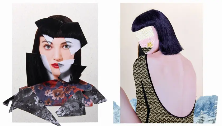 Zwei Gesichter in einer digitalen Collage: Ein zerstückeltes Porträt mit roten Lippen und ein Rückenansicht mit gemustertem Stoff.