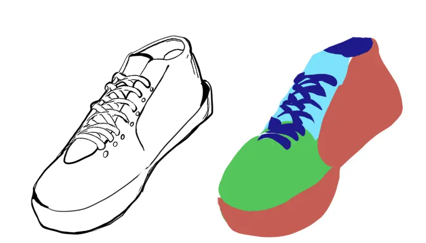 Skizze eines Sneakers neben einem farbigen, stilisierten Sneaker.