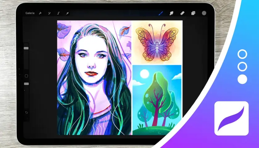 Bunte Illustrationen auf einem iPad mit Procreate: Porträt einer Frau, Schmetterling und Bäume.