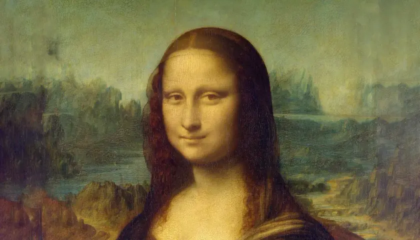 Mona Lisa von Leonardo da Vinci, ein Porträt einer Frau mit geheimnisvollem Lächeln vor einer Landschaft.
