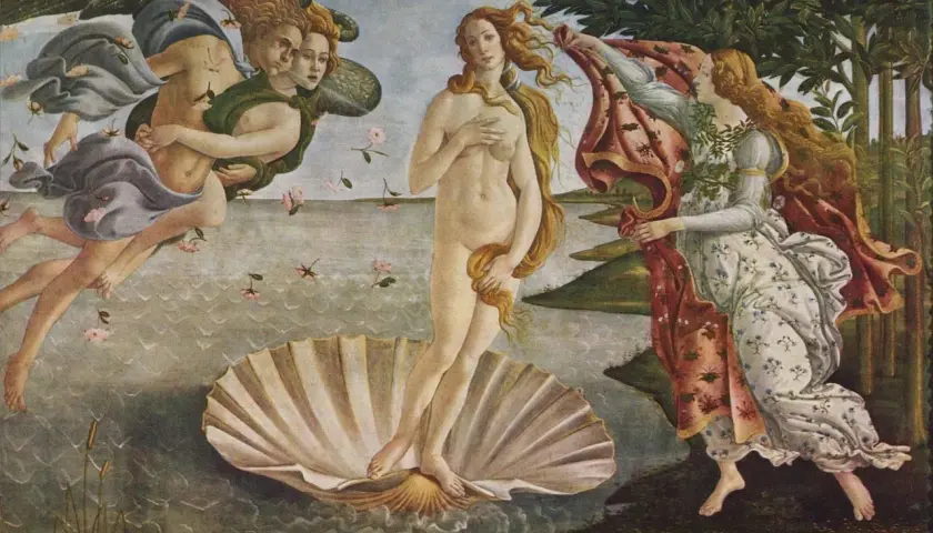 Botticellis Venus auf einer Muschel, umgeben von Göttern und einer Nymphe.