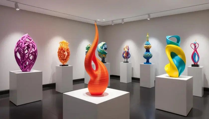Bunte 3D-gedruckte Skulpturen in einer Galerieausstellung.