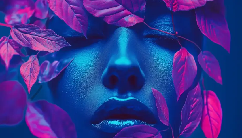 Gesicht einer Frau in Neonblau, umrahmt von lila Blättern. Ein Hauch von photoshop ki verleiht dem Bild eine surreale Tiefe.