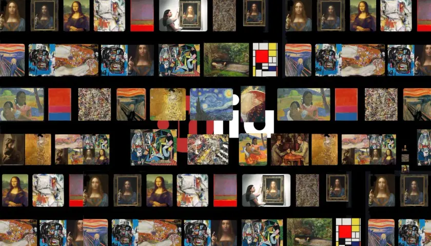 Collage aus berühmten Gemälden wie Mona Lisa, Der Schrei und Sternennacht.