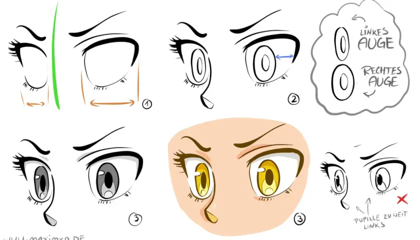 Anleitung zum Zeichnen von Anime-Augen: Verschiedene Beispiele und Schritte.