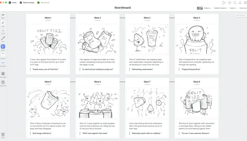 Storyboard mit acht Szenen, die die Entstehung von Fruchtgetränken und deren Charaktere zeigen.