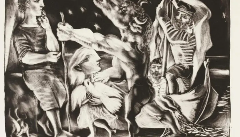 Picasso's Blaue Periode: Ein Mann mit Stier und Taube, ein Fischer im Boot. Düstere Szene unter Sternen.