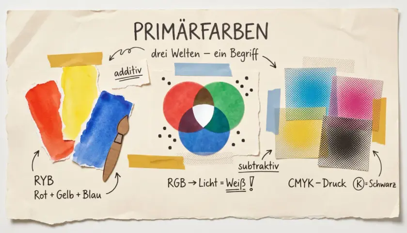 Die Grafik zeigt, wie viele Grundfarben es gibt: Rot, Gelb, Blau (RYB) und die additiven Farben Rot, Grün, Blau (RGB), die Weiß ergeben.
