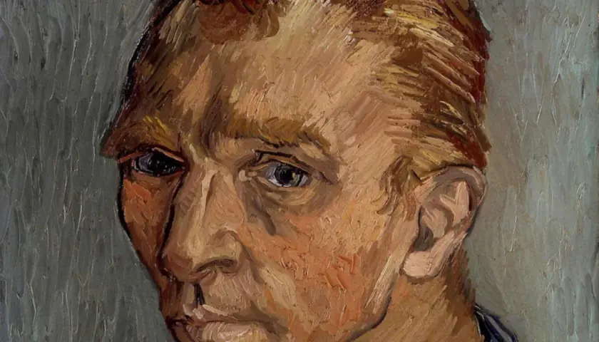 Ein intensives Porträt von Vincent van Gogh, das die Frage "was ist ein Porträt" durch seine expressive Pinselführung und den Blick des Künstlers beantwortet.