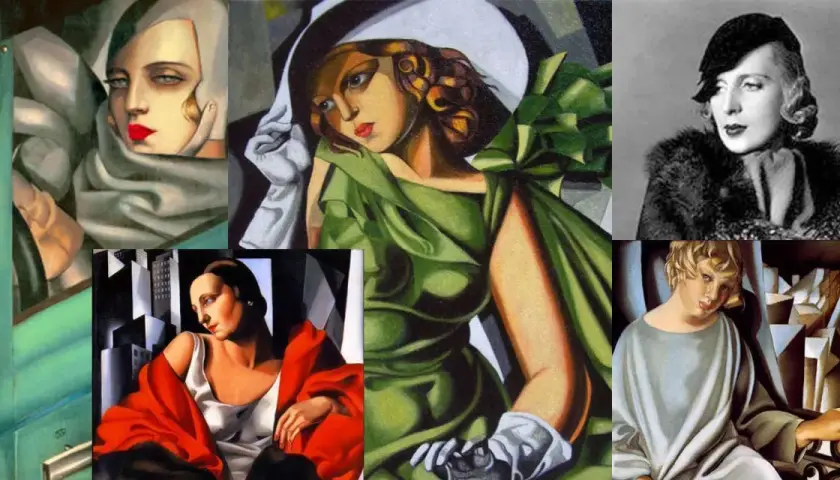 Collage mit Gemälden von Tamara de Lempicka, einer berühmten Künstlerin, die Frauen in eleganten, geometrischen Stilen porträtierte.